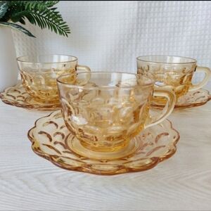 Mid Century Federal Glass Tea Cup and Saucer, Gold Color, set of 3